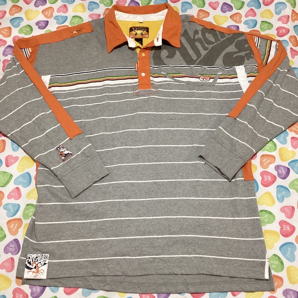 AKDMKS Men’s Grey White Stripes Polo Collared Long Sleeve 3Button Rugby Shirts